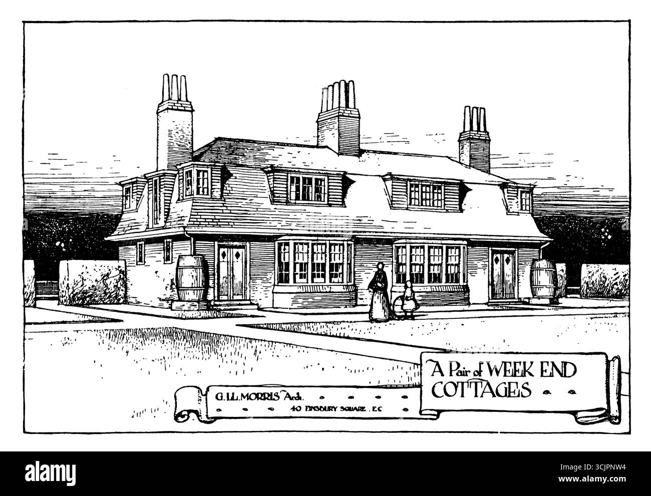Une paire de chalets de week-end vers 1905, conception de maisons jumelées par l'architecte George Llewellyn Morris Banque D'Images