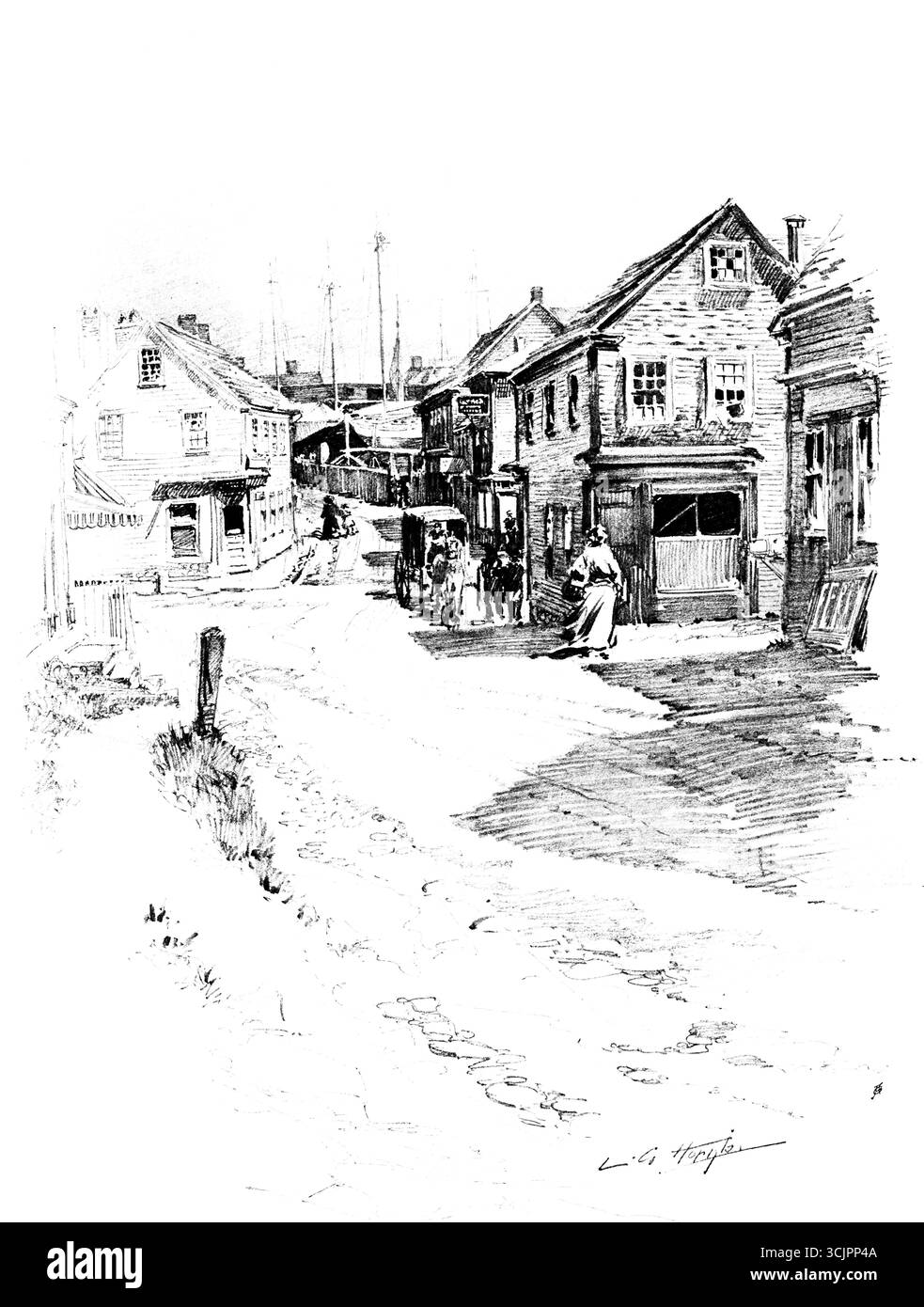 Front Street, Marblehead, Massachusetts, vers 1905, reproduction en demi-teinte d'un dessin au crayon de Lester G. Hornby Banque D'Images