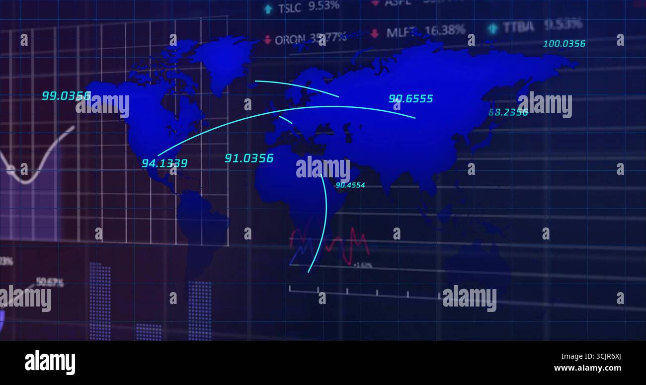 Affichage de la carte du monde sur le moniteur, avec des arcs de néon, des étiquettes numériques, des graphiques à barres et des sélections boursières Banque D'Images