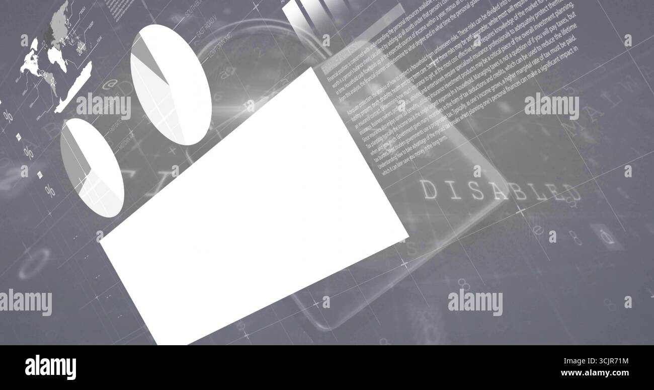 Affichage d'un rectangle incliné blanc couvrant la grille numérique avec la carte du monde, le texte désactivé, les faisceaux lumineux Banque D'Images