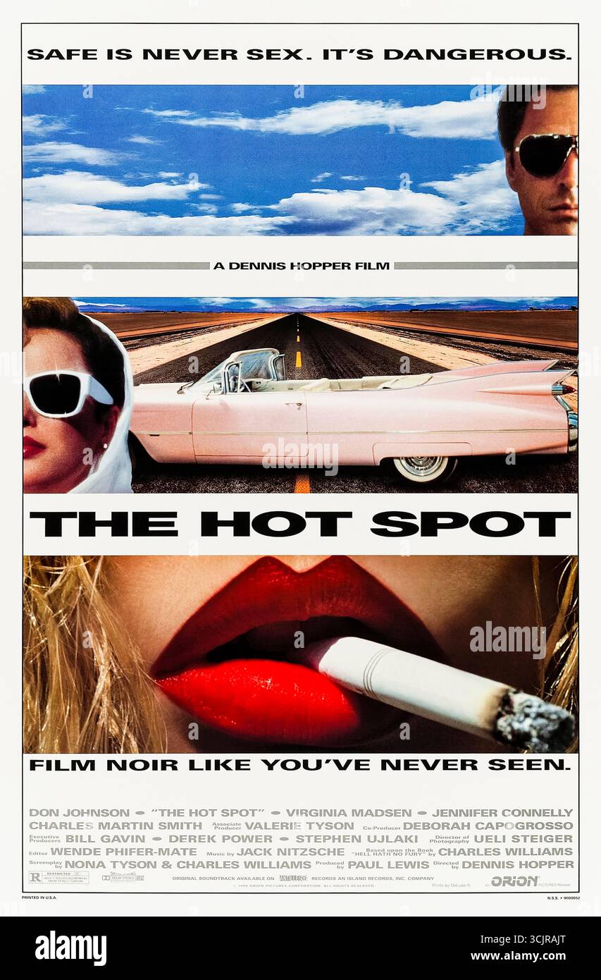 The Hot Spot (1990) réalisé par Dennis Hopper et mettant en vedette Don Johnson, Virginia Madsen et Jennifer Connelly. Drifter Harry Madox s'installe dans une ville ensoleillée du Texas, où il s'emmêle dans un dangereux triangle de passion et de tromperie avec deux femmes locales ; ses plans pour voler la banque de la ville spirale en meurtre, chantage et trahison sous la chaleur incessante du Texan. Photographie d'une affiche américaine originale de 1990 À USAGE ÉDITORIAL EXCLUSIF. Crédit : BFA / Orion Pictures Banque D'Images
