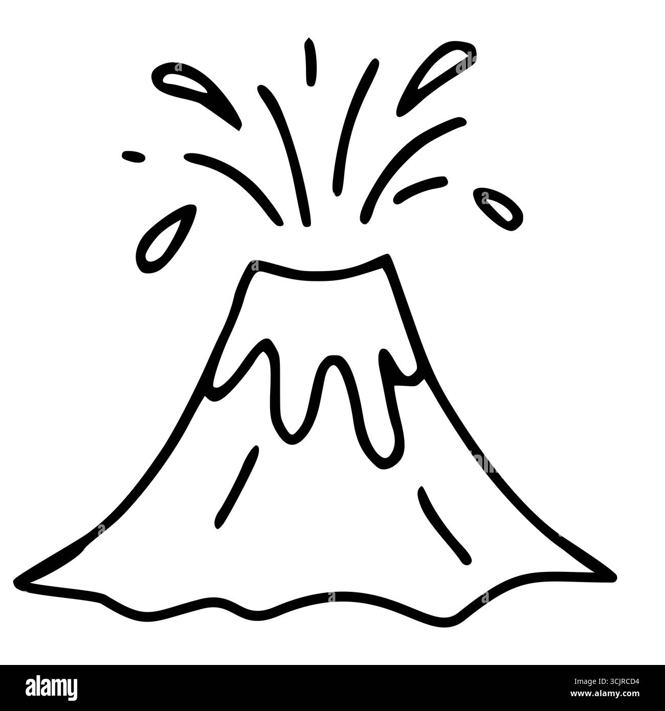 Illustration vectorielle dessinée à la main d'un volcan en éruption, avec un style unique et expressif avec des lignes noires audacieuses et des formes simplifiées, parfait pour ch Illustration de Vecteur