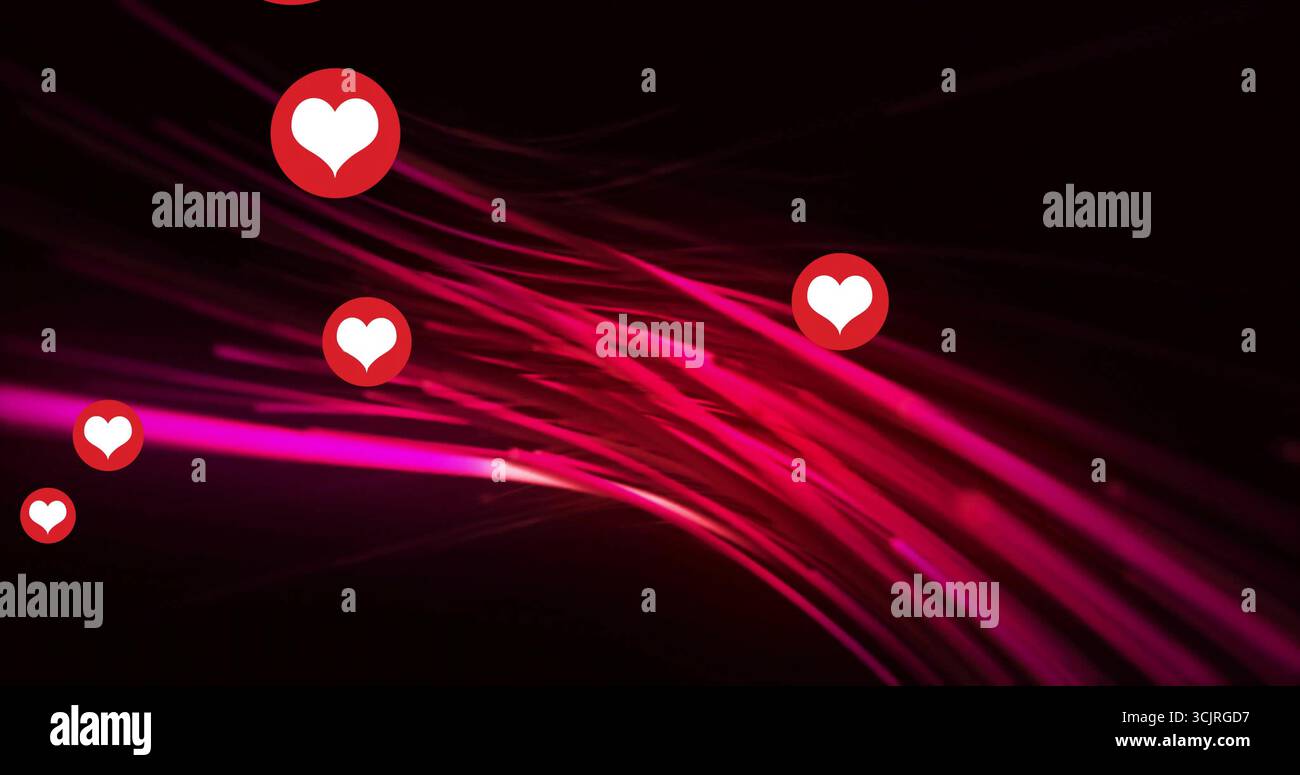 Des rubans énergétiques roses et rouges coulant à travers l'espace numérique, avec des icônes de cœur rouges flottantes Banque D'Images