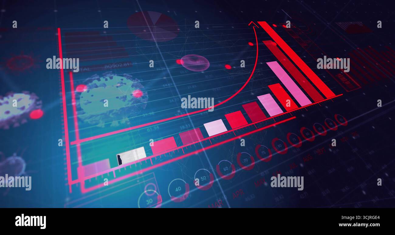 Affichage des segments de graphique à barres rouge-rose 3D s'élevant sur une grille sombre, avec courbe rouge, marqueurs, icônes virales Banque D'Images