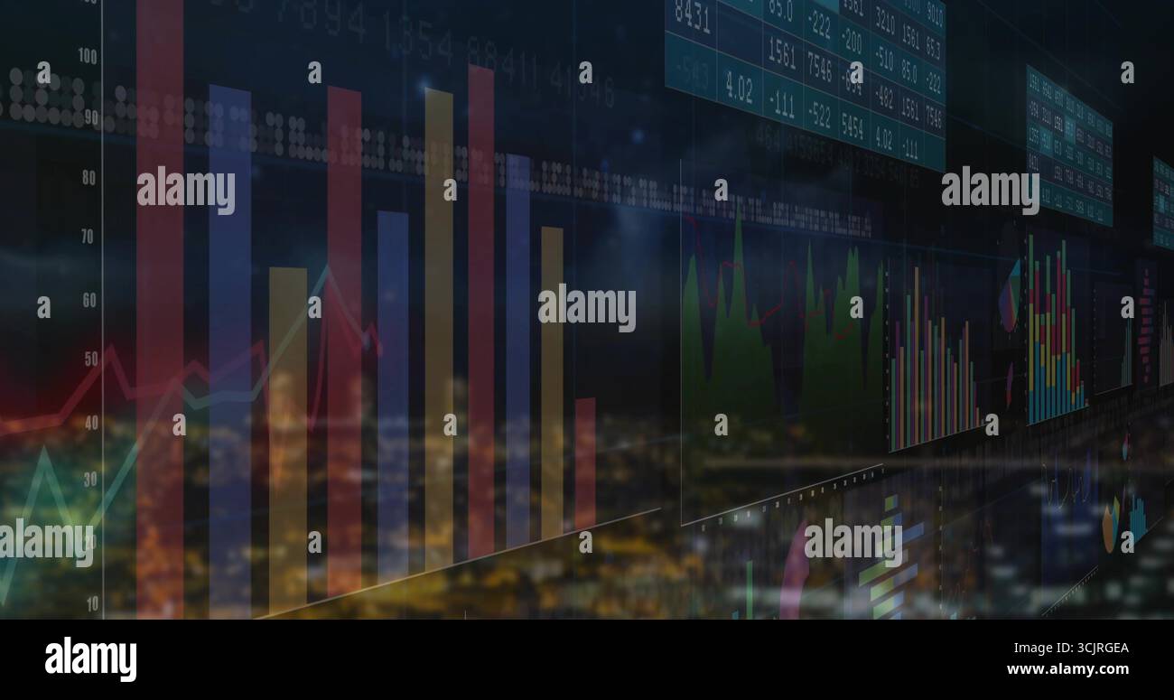 Affichage du tableau de bord de trading superposant les lumières floues de la ville, avec des graphiques à barres linéaires et des tableaux Banque D'Images
