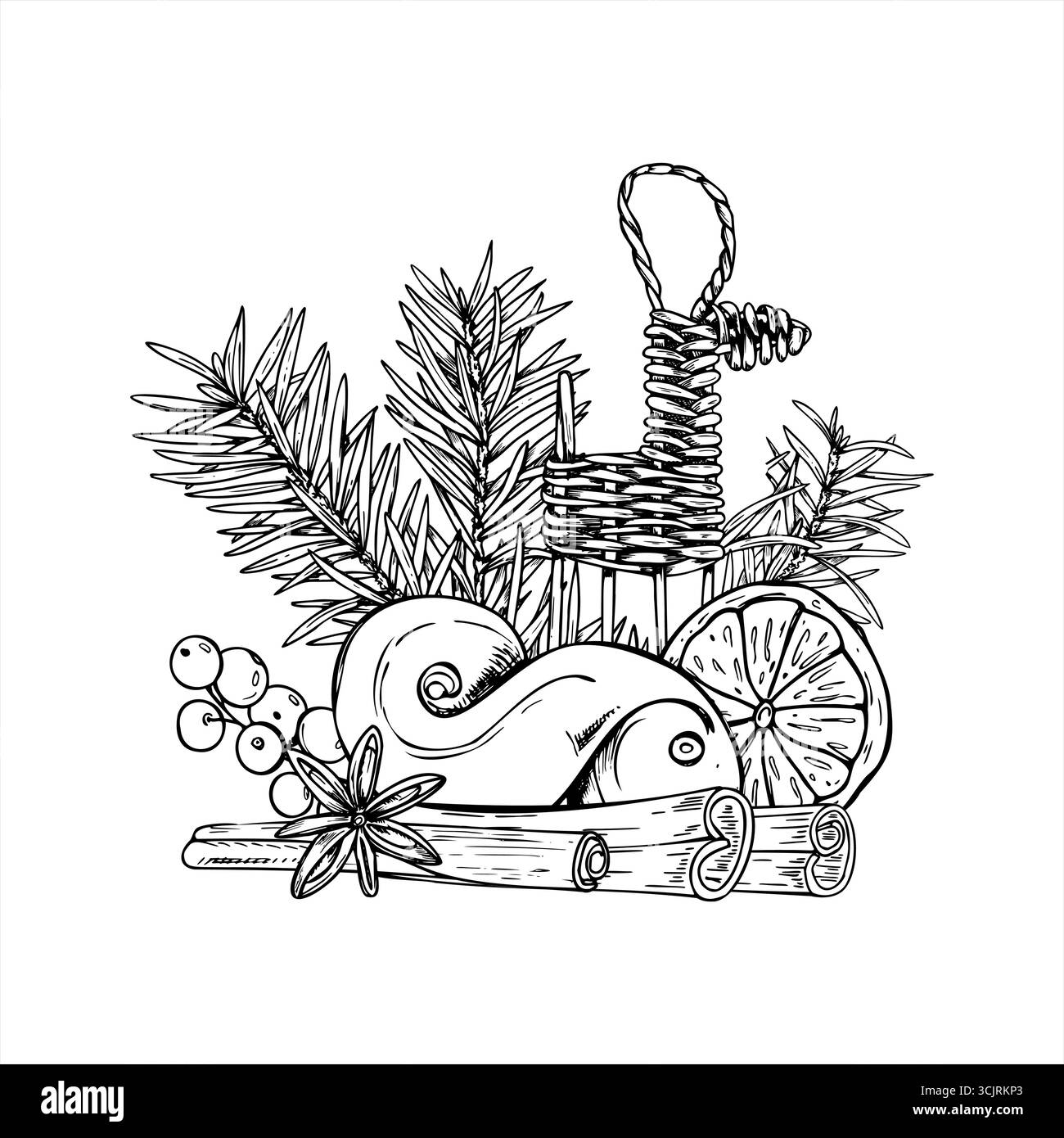 Traitement de Noël et décor dans l'illustration vectorielle de style scandinave. Bâtonnets de cannelle, tranche d'orange, cardamome, baies, lussekatt suédois traditionnel Illustration de Vecteur Traitement de Noël et décor dans l'illustration vectorielle de style scandinave. Bâtonnets de cannelle, tranche d'orange, cardamome, baies, lussekatt suédois traditionnel Illustration de Vecteur
