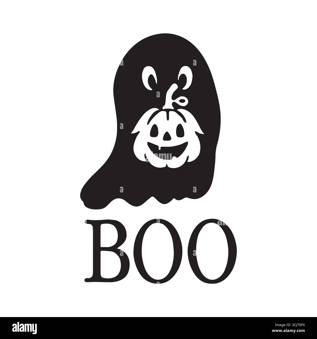 Une illustration effrayante d'Halloween d'un fantôme avec un visage de citrouille sculpté et le mot "BOO" en dessous. Ce design noir et blanc capture le jeu Illustration de Vecteur