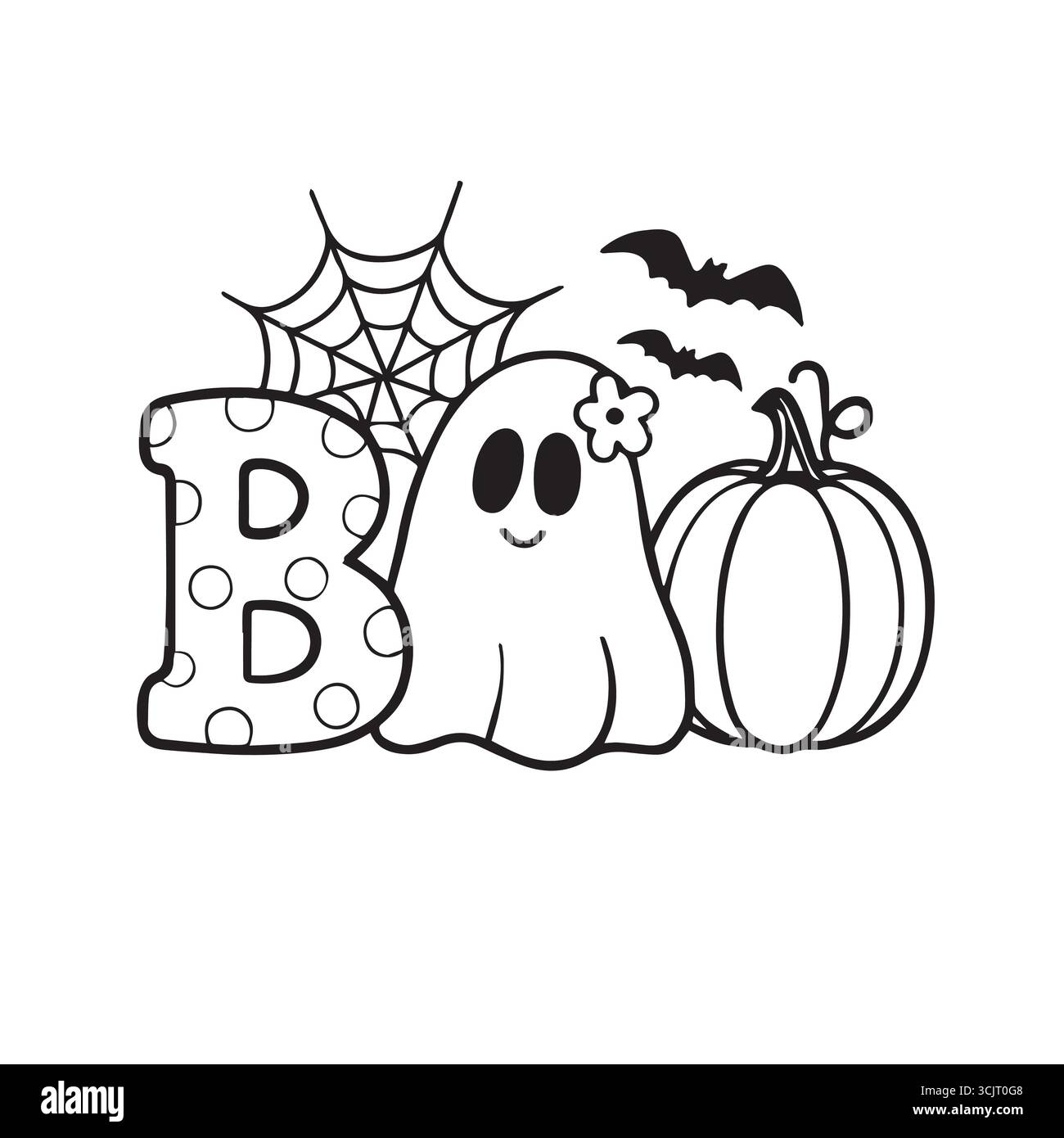 Jolie illustration d’Halloween avec le mot « BOO » avec un fantôme joyeux, une citrouille, une toile d’araignée et des chauves-souris volantes. Illustration de Vecteur
