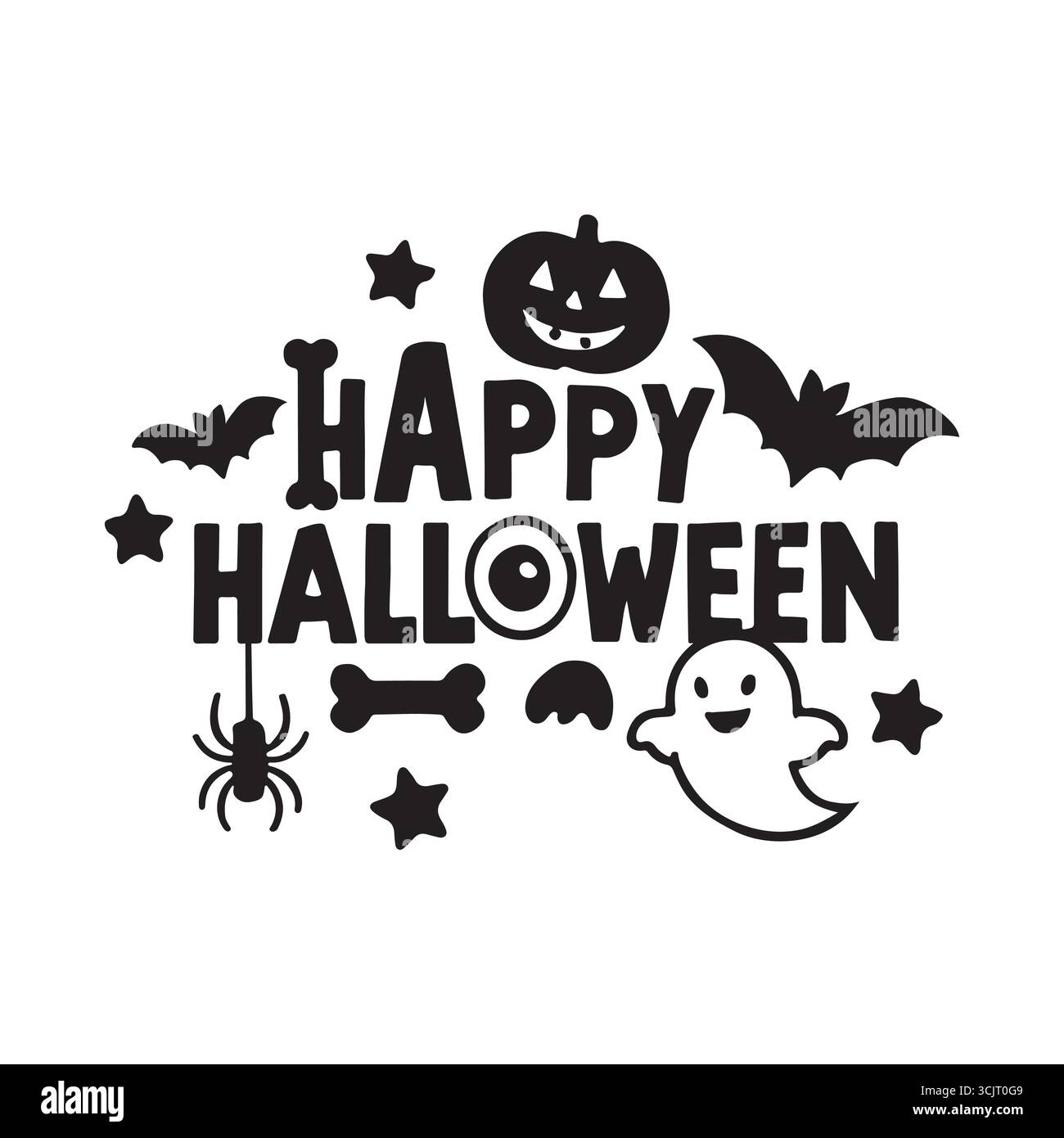 Dessin de contour noir et blanc d'un fantôme de dessin animé mignon avec un visage effrayant, parfait pour les thèmes d'Halloween, les icônes ou les dessins festifs. Illustration de Vecteur