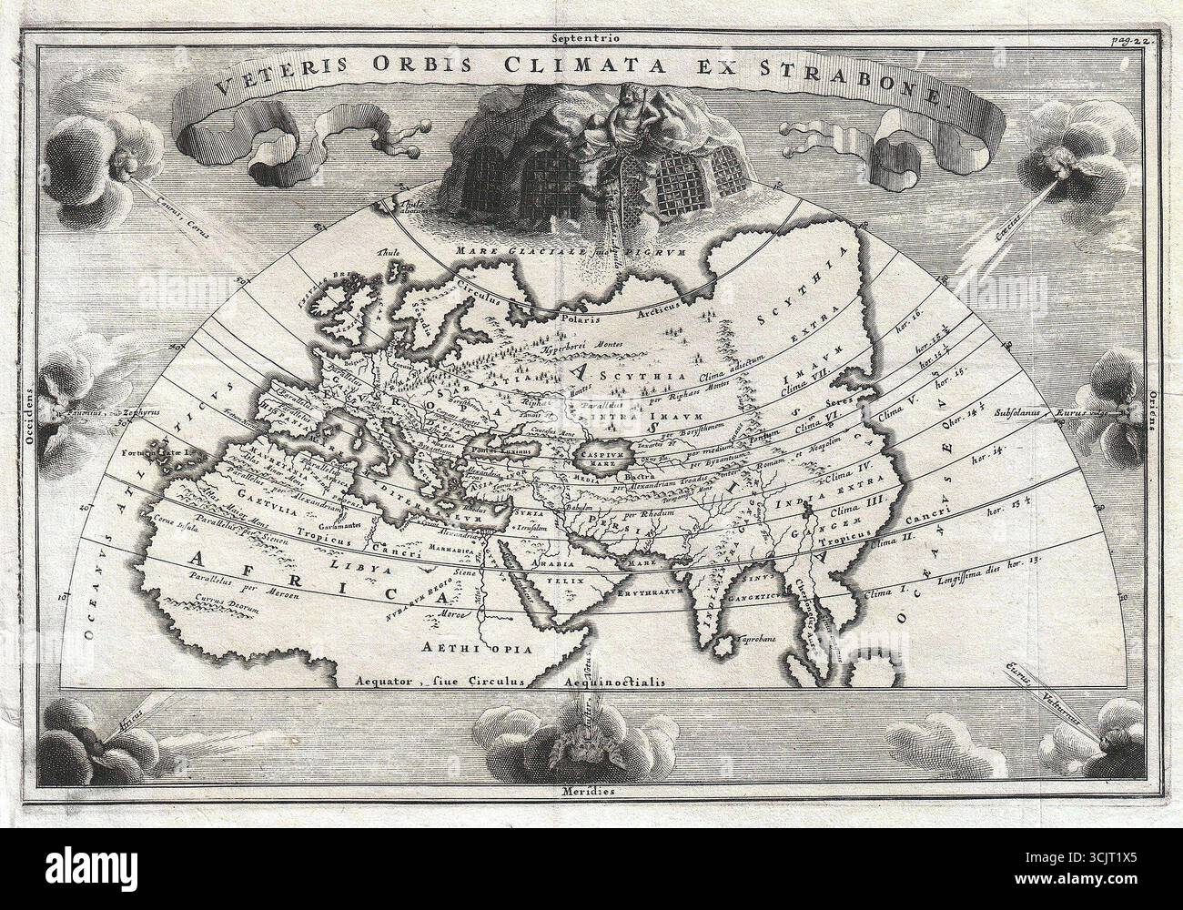 1700 carte de l'Europe, de l'Asie et de l'Afrique du Nord, Veteris Orbis Climata ex Strabone, par Andreas Cellarius. Représentation gravée du monde antique divisé en zones climatiques basées sur la géographie de Strabon. Banque D'Images