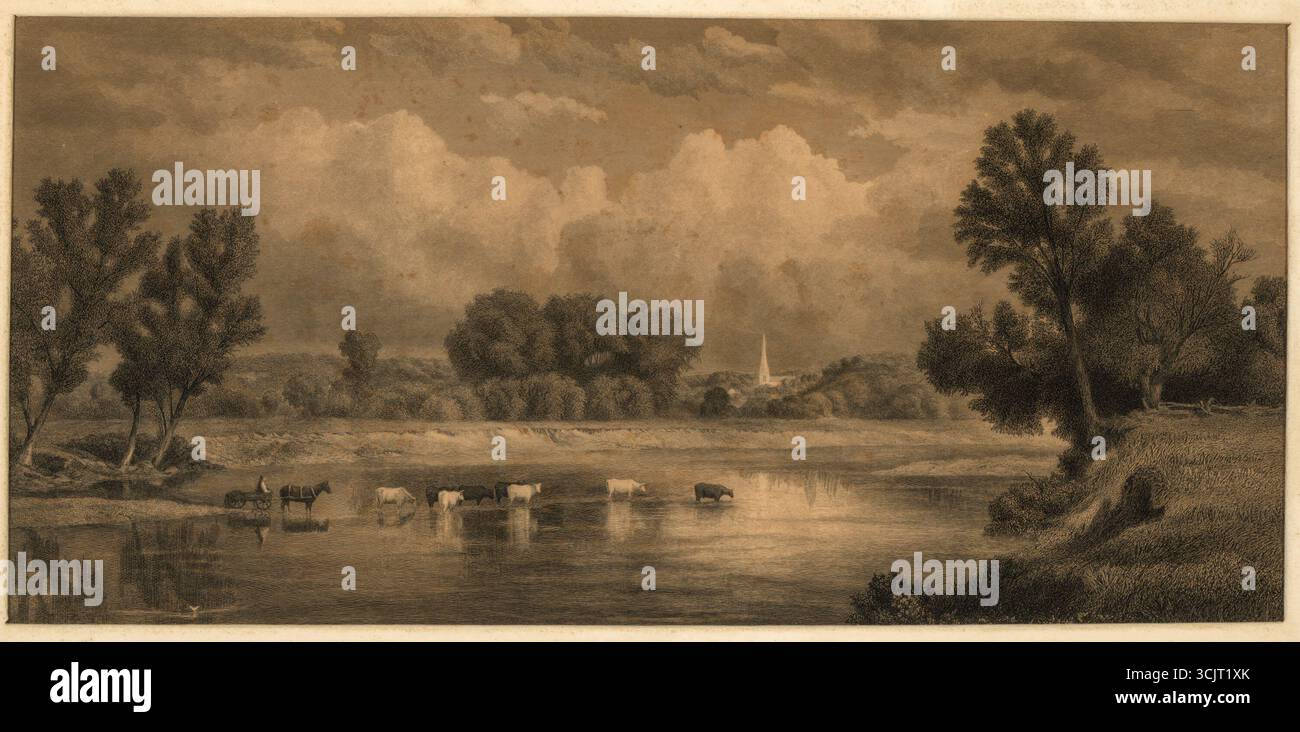 Gravure de William Wellstand intitulée Crossing the Stream. Une scène de paysage pastorale représentant du bétail et un cheval avec cavalier pataugant dans un ruisseau, encadré par des arbres avec un clocher d'église lointain sous un ciel nuageux dramatique. Banque D'Images