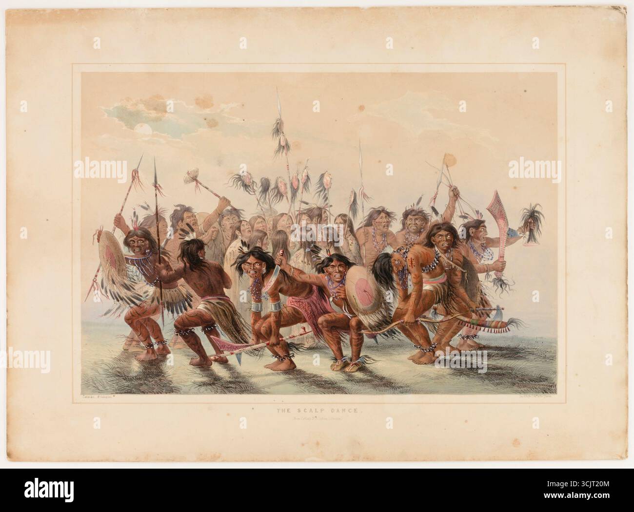 Lithographie de George Catlin intitulée The Scalp Dance, représentant une danse de guerre cérémonielle par des guerriers indigènes des Plaines. Les figures sont représentées dans des poses dynamiques, tenant des boucliers, des lances et des armes décorées, avec des femmes et des danseurs supplémentaires en arrière-plan. L'imprimé coloré à la main met l'accent sur les traditions culturelles documentées par Catlin lors de ses voyages parmi les tribus amérindiennes dans les années 1830 Banque D'Images