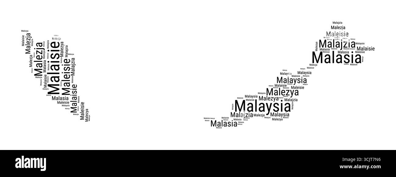Nuage de mots noir et blanc en forme de Malaisie. Illustration de pays de style typographique simple. Nuage de texte noir de Malaisie ordinaire sur fond blanc. Illustration de Vecteur