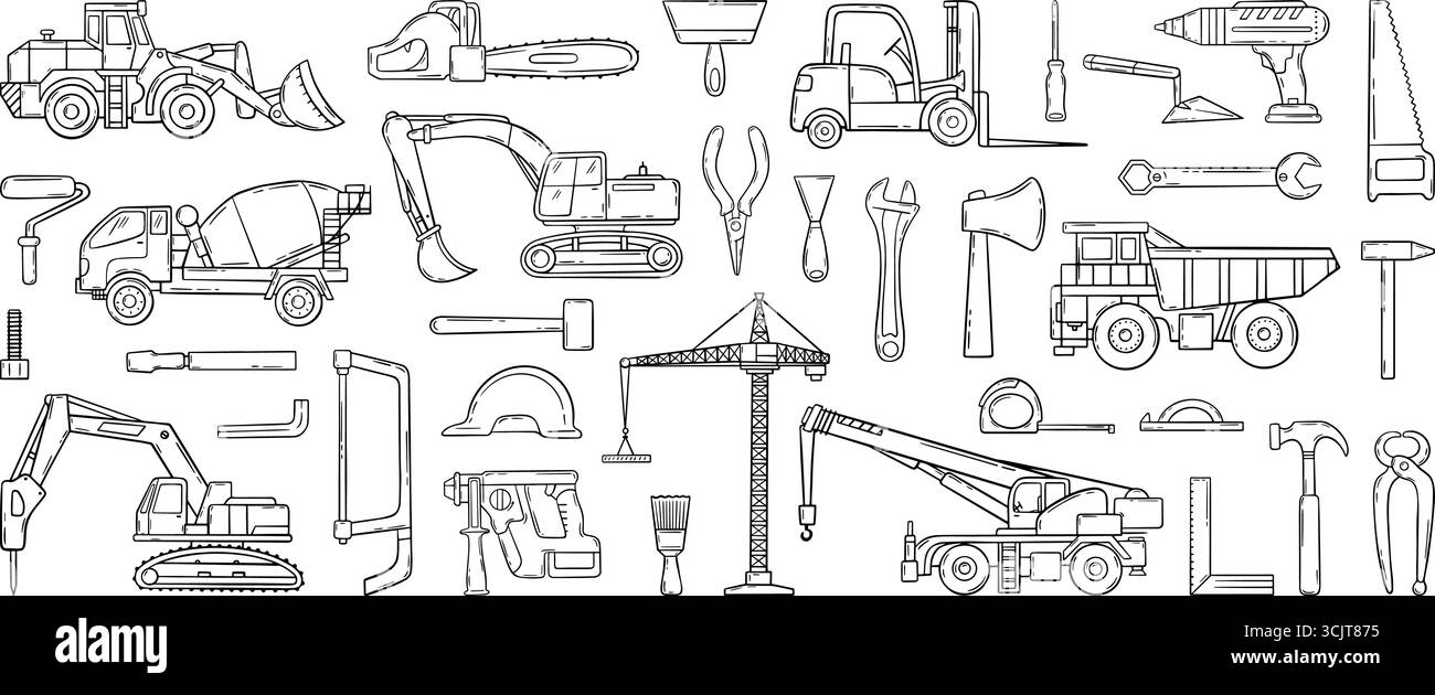 Transport de construction de doodle. Croquis de camions et de matériel de construction lourd. Bétonnière, excavatrice, grue. Outils de charpentier, clipart vectoriel néotérique Illustration de Vecteur