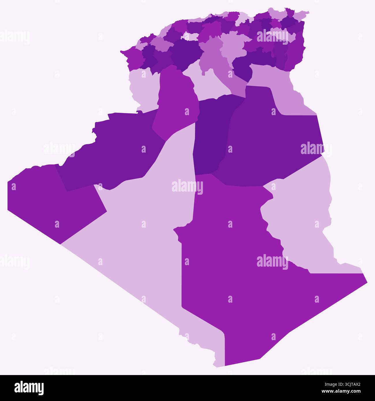 Carte d'Algérie avec les régions. Juste une carte de frontière de pays simple avec division de région. Palette de couleurs violettes. Illustration de Vecteur