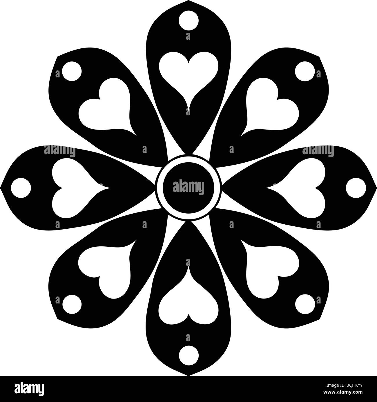 Motif de fleurs symétriques noir et blanc avec pétales en forme de cœur – élégant ornement géométrique pour l'art mural, le design de tatouage, le pochoir et la décoration Illustration de Vecteur