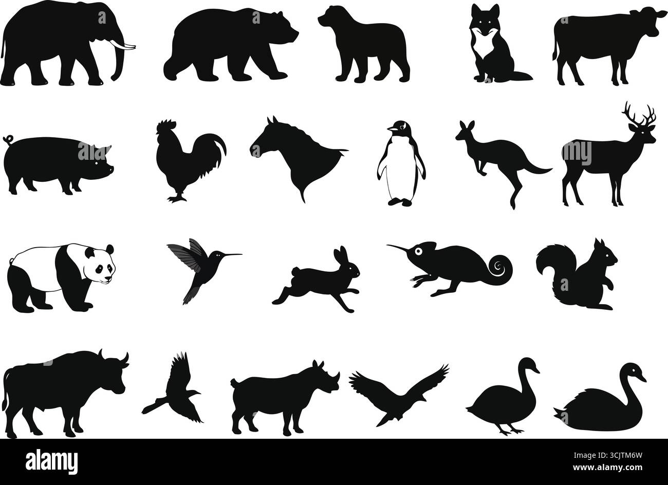 Silhouettes d'animaux noirs sur fond blanc, illustration vectorielle pour la conception et l'éducation Illustration de Vecteur
