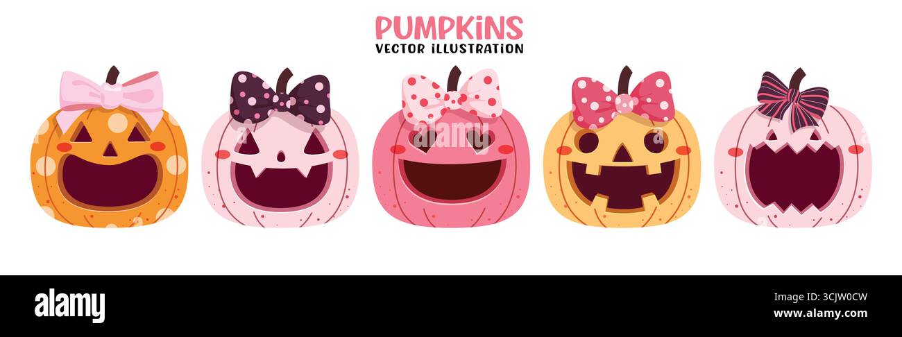 Ensemble clipart coloré mignon citrouilles. Mignonne citrouille avec sourire effrayant, des visages drôles, heureux, effrayants et effrayants pour les enfants Halloween fête citrouilles colorées Illustration de Vecteur