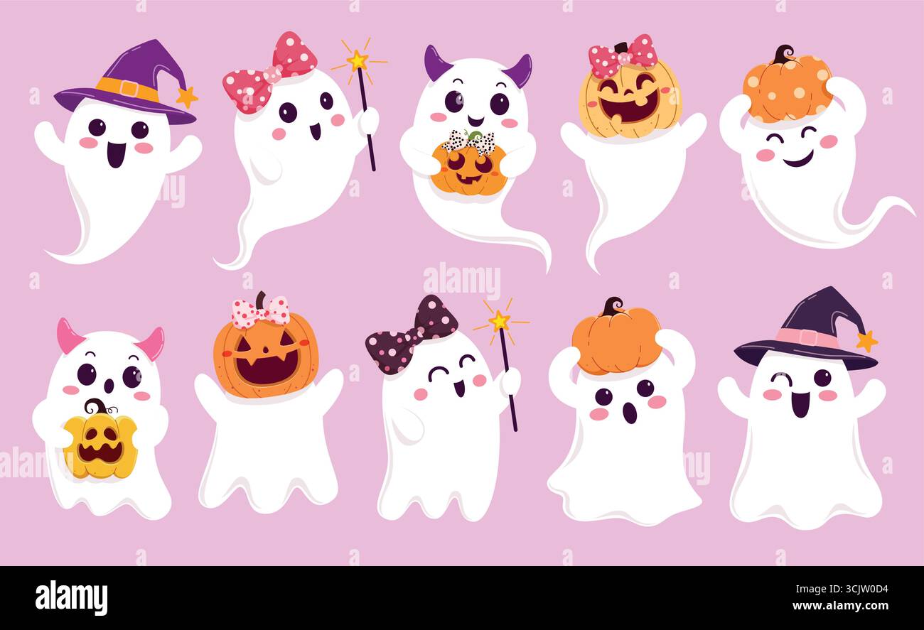 Ensemble clipart mignon fantôme. Cute Ghost Halloween personnage clip art collection portant des citrouilles drôles, ruban d'arc, chapeau de sorcière et tenant la baguette magique Illustration de Vecteur