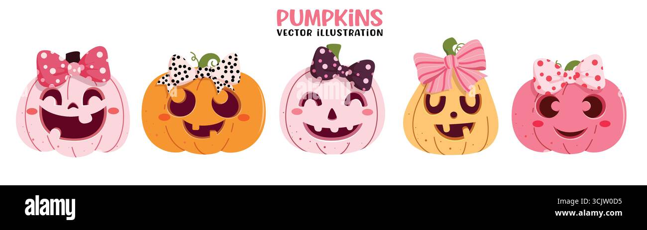 Ensemble clipart mignon de citrouilles. Collection d'art clip citrouilles mignonnes colorées dans des visages heureux, drôles et effrayants avec ruban de noeud papillon imprimé et motif pour les enfants Illustration de Vecteur