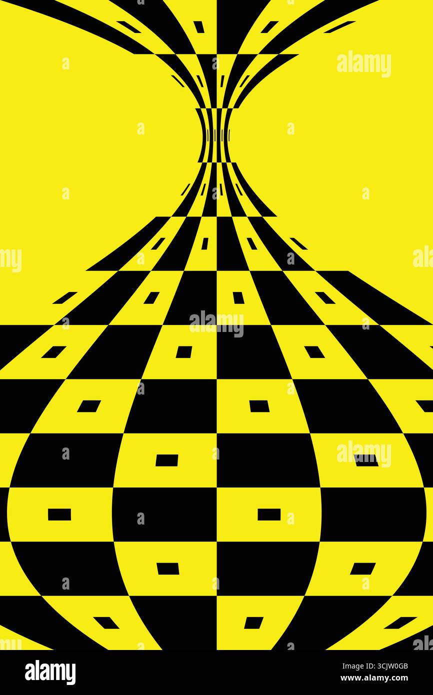 Damier abstrait noir et jaune avec effet d'illusion optique fisheye. Fond de motif géométrique déformé vibrant, parfait pour la conception numérique A. Illustration de Vecteur