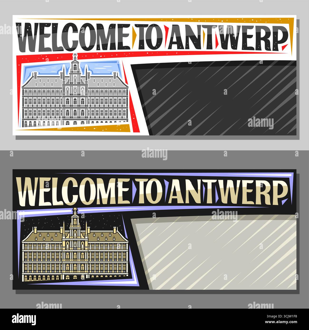 Disposition vectorielle pour Anvers avec copyspace, invitation décorative avec illustration du célèbre hôtel de ville d'anvers sur fond de ciel de jour et de nuit, art. Illustration de Vecteur