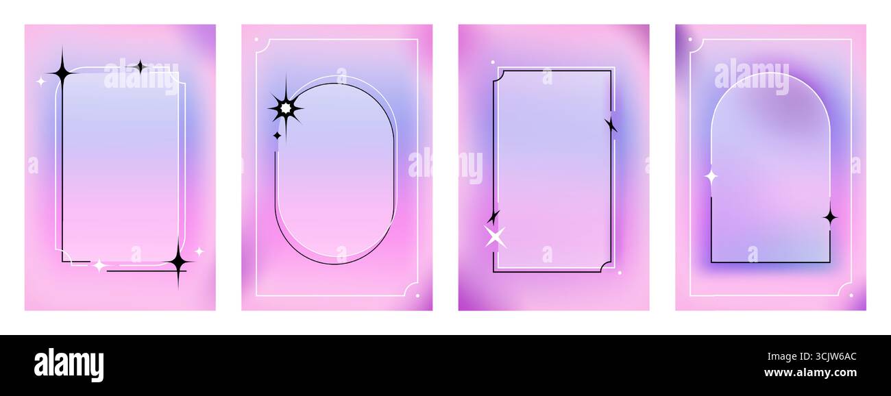 Ensemble de cadre de bordure de style Y2K avec dégradé bg et décorations d'étoiles. Formes géométriques abstraites avec une esthétique rétro futuriste pour le design numérique. Modèles tendance avec des lignes courbes et des éléments scintillants Illustration de Vecteur