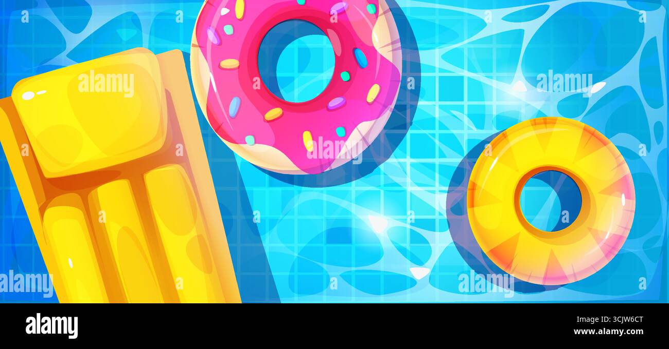 Scène de fête à la piscine vue de dessus - eau bleu vif avec anneaux de beignets flottants et matelas d'air jaune. Réflexion de surface étincelante pour la conception de vacances d'été avec jouet gonflable pour jeu de plage Illustration de Vecteur