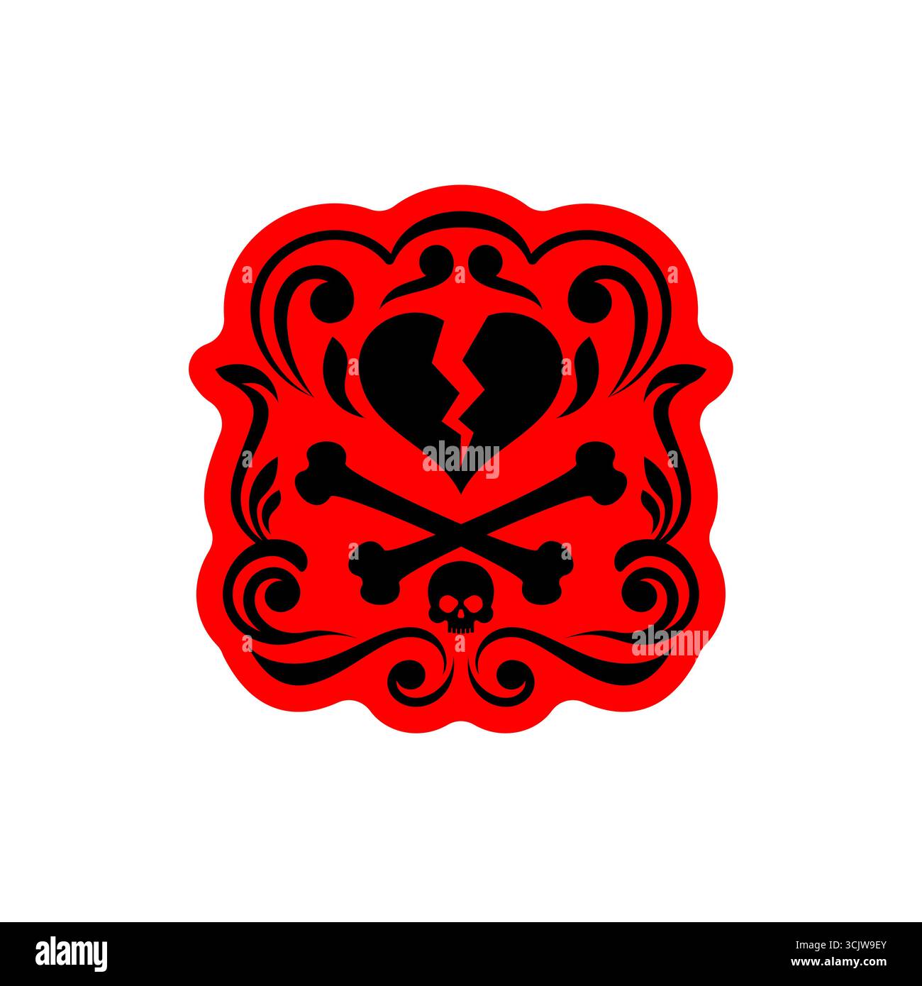 emblème rouge au cœur brisé, symbolisant la douleur, l'amour perdu, le style gothique et l'expression artistique émotionnelle pour tatouages ou design. Illustration de Vecteur