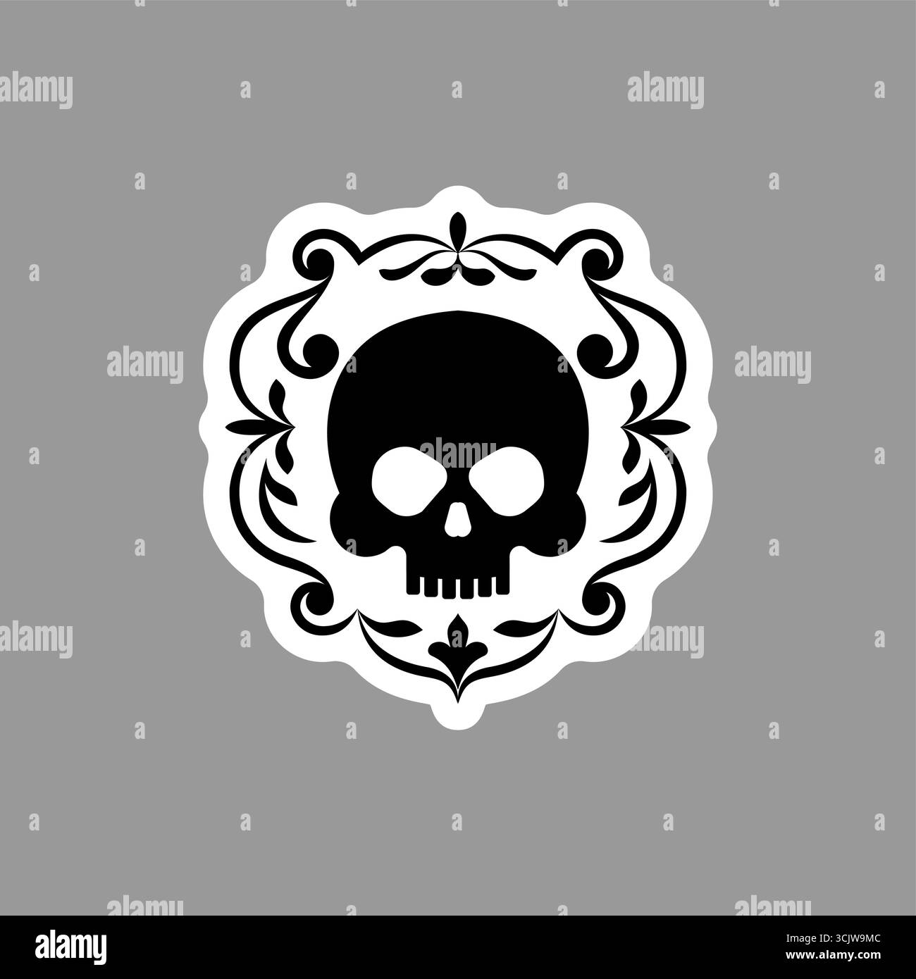 Emblème de marque noire avec crâne et fleurs ornées, symbolisant le danger, la mort, la culture pirate et le design gothique. Illustration de Vecteur
