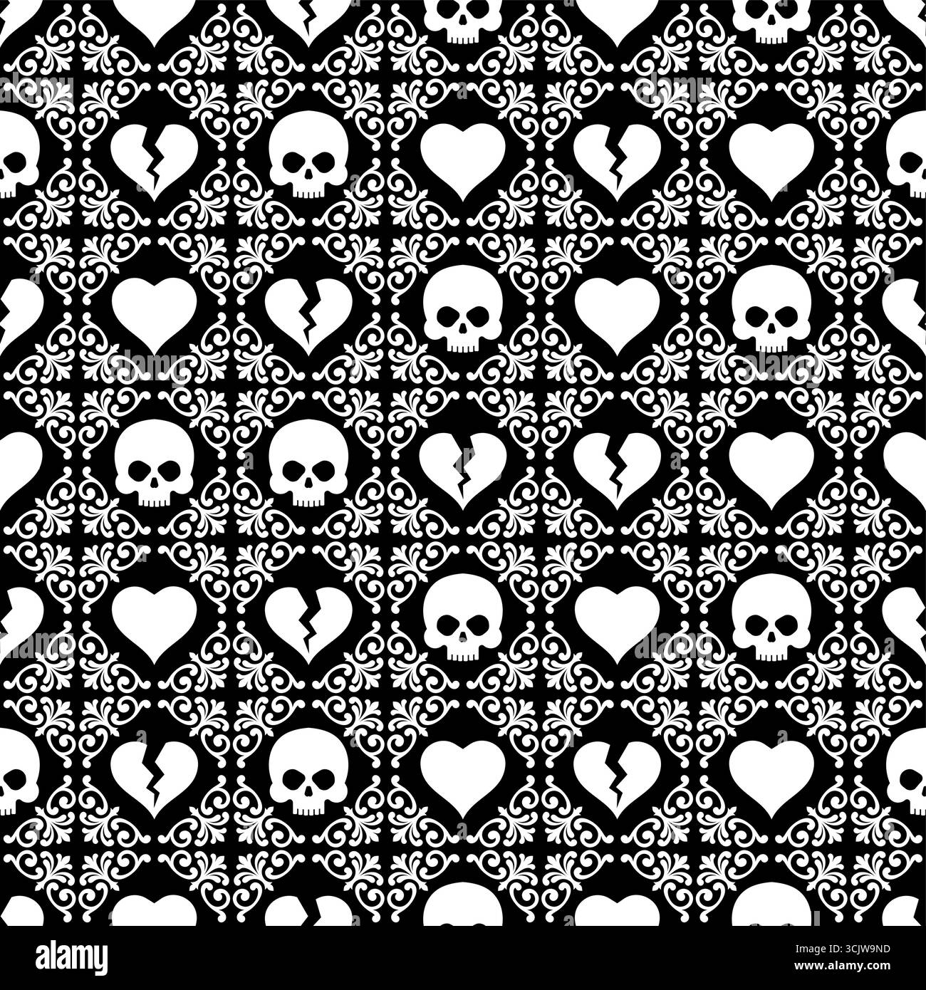 Motif noir et blanc sans couture avec des coeurs et des crânes, symbolisant la romance gothique, l'amour et la mort, et un design sombre. Illustration de Vecteur