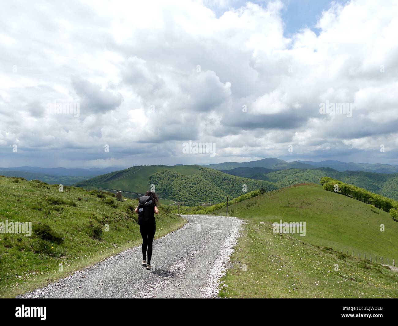Pèlerin marchant le long du Camino Francés, Pyrénées, Espagne Banque D'Images