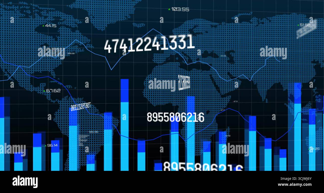 Affichage de la carte du monde en pointillés montrant des graphiques à barres, des graphiques linéaires sur l'affichage, avec des étiquettes flottantes Banque D'Images