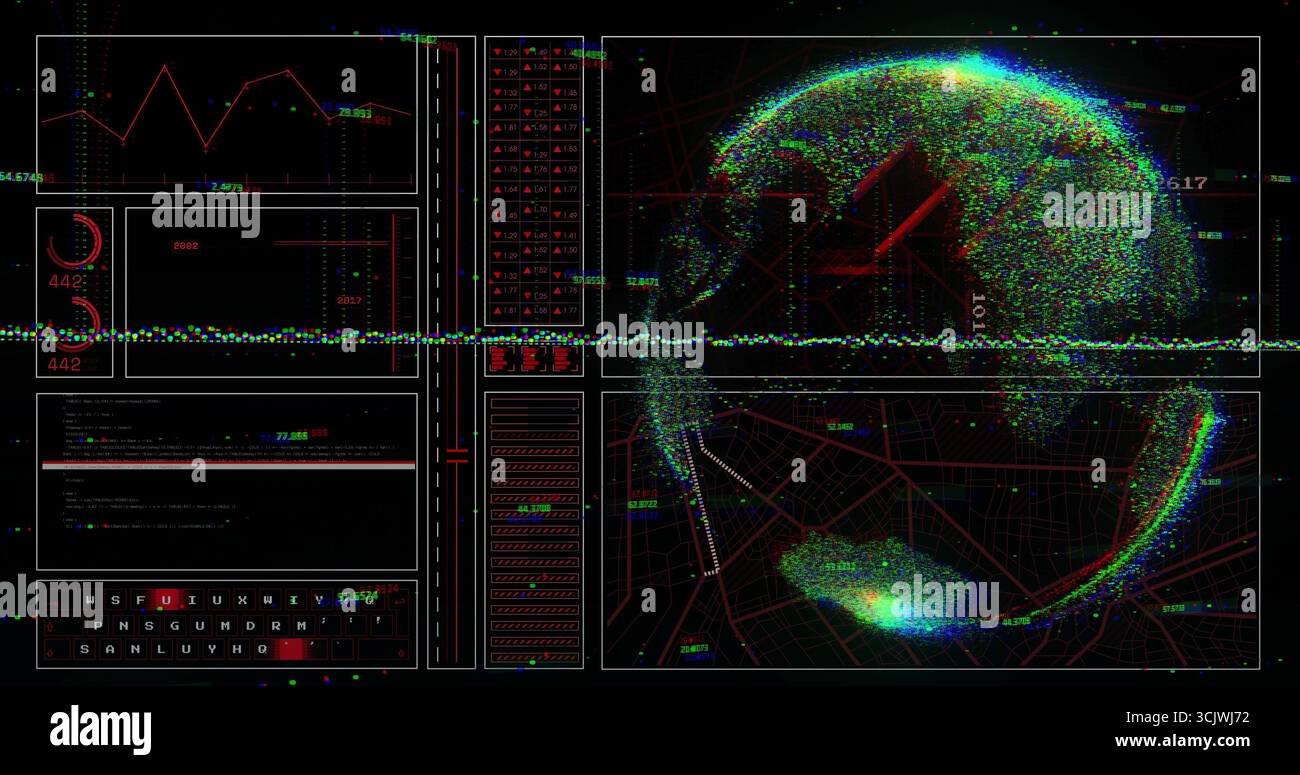Affichage du globe en nuage de points tournant sur le tableau de bord de données, avec graphique linéaire, jauges, forme d'onde, espace de copie Banque D'Images