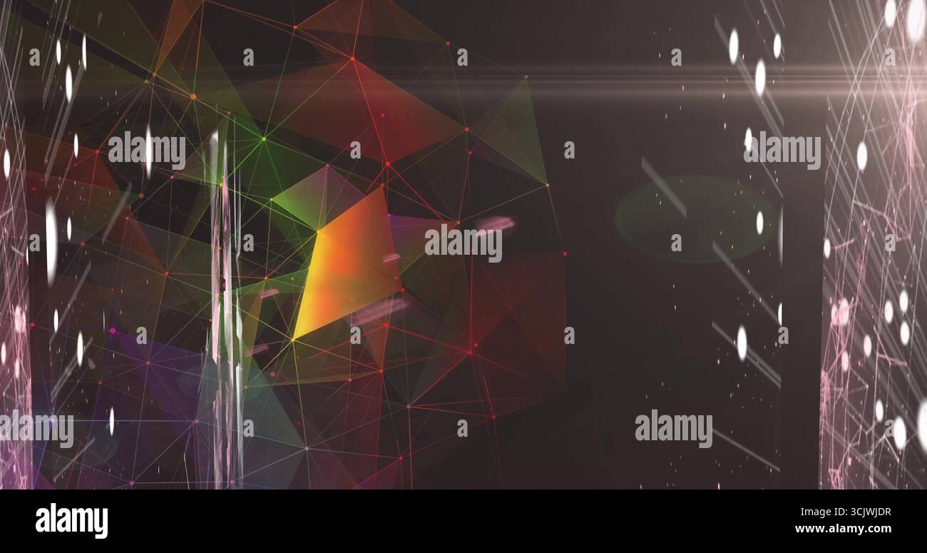 Plan triangulaire central brillant émettant une lueur dans un réseau virtuel, avec des noeuds et des stries luminescents Banque D'Images