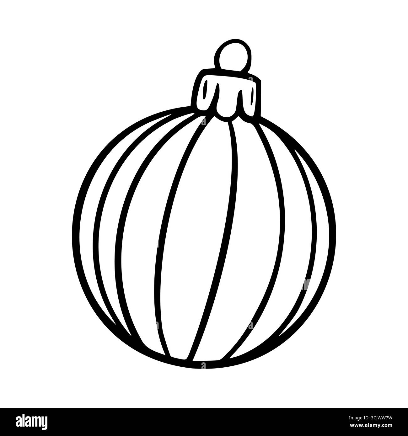 Dessin au trait noir et blanc d'une boule d'ornement d'arbre de Noël avec des bandes verticales et une boucle suspendue sur le dessus. Illustration de Vecteur