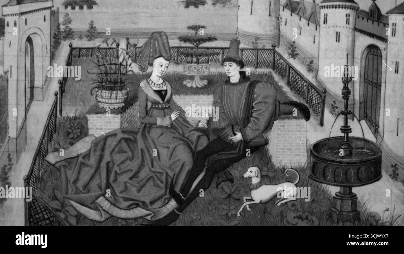 Courtly Love, illustration du manuscrit français, années 1400 Banque D'Images