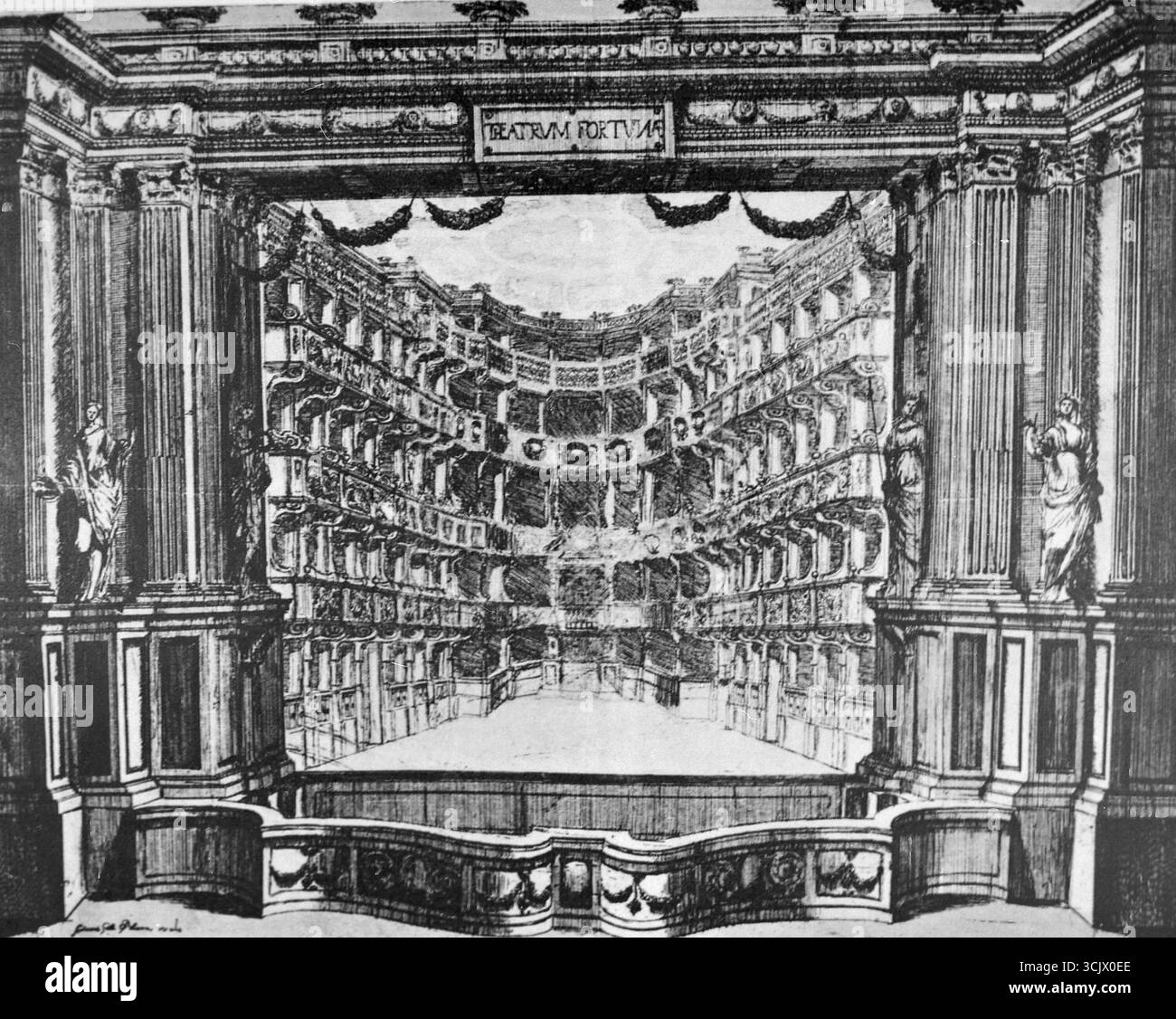 Scène et orchestre du théâtre de Fano dans son aspect original, Italie des années 1800 Banque D'Images