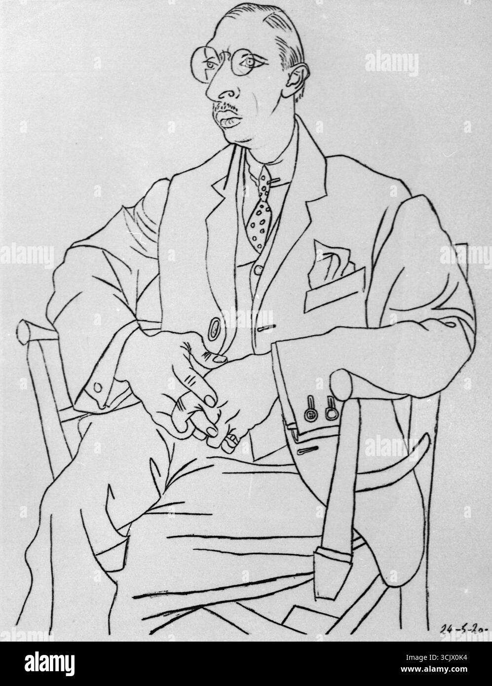 Portrait du compositeur russe Igor Stravinsky, dessin du peintre espagnol Pablo Picasso, 1920 Banque D'Images