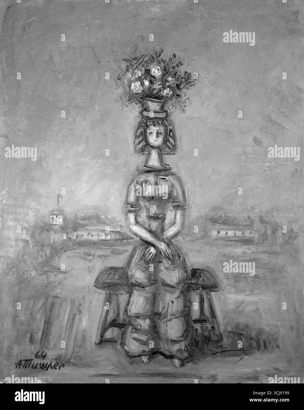Femme avec un pot de fleurs sur la tête, peinture de l'artiste russe Alexander Tyshler, 1964 Banque D'Images