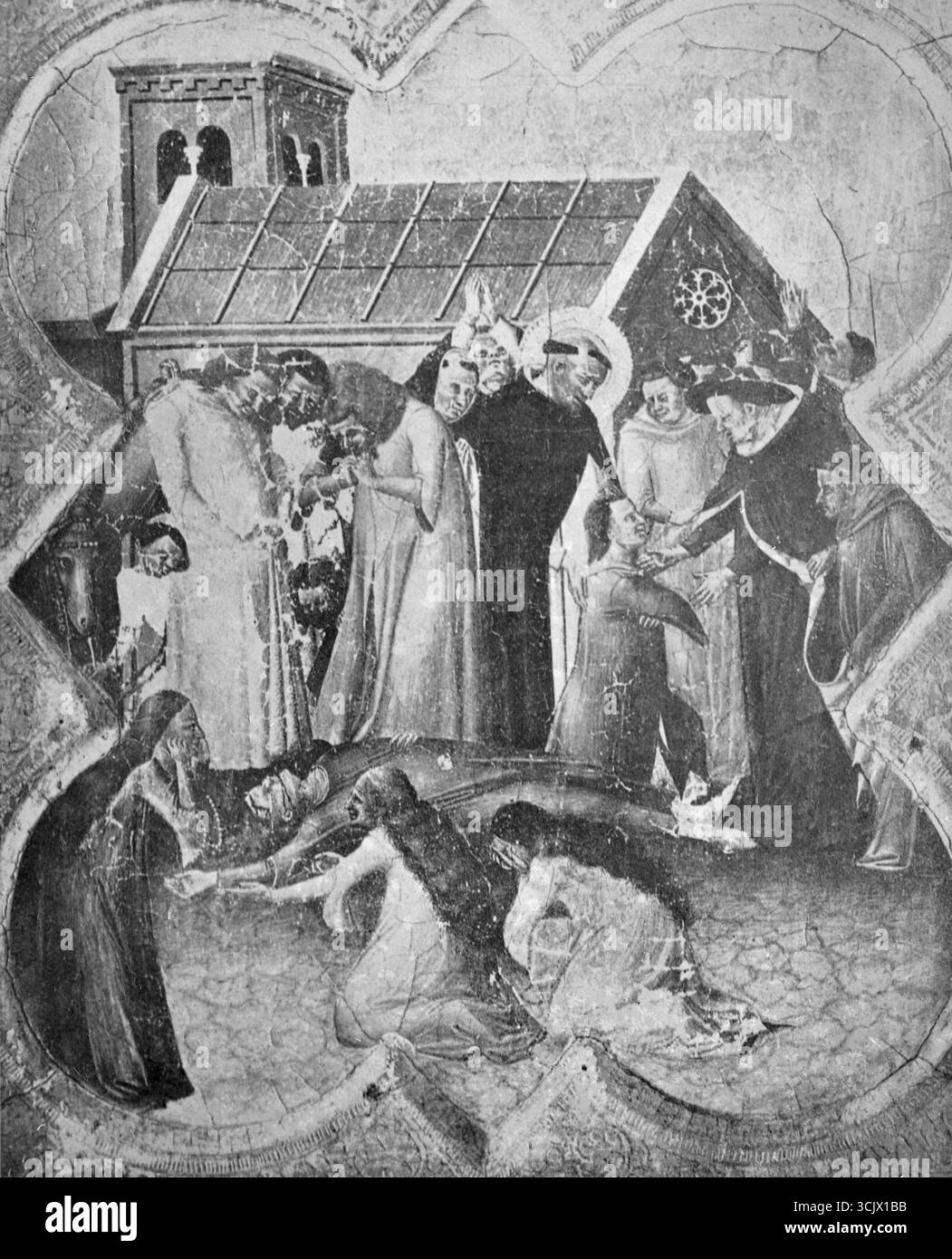 Histoire de Saint Dominique : réanimation du jeune Napoléon Orsini peinture par l'artiste italien Francesco Traini, XIVe siècle Banque D'Images