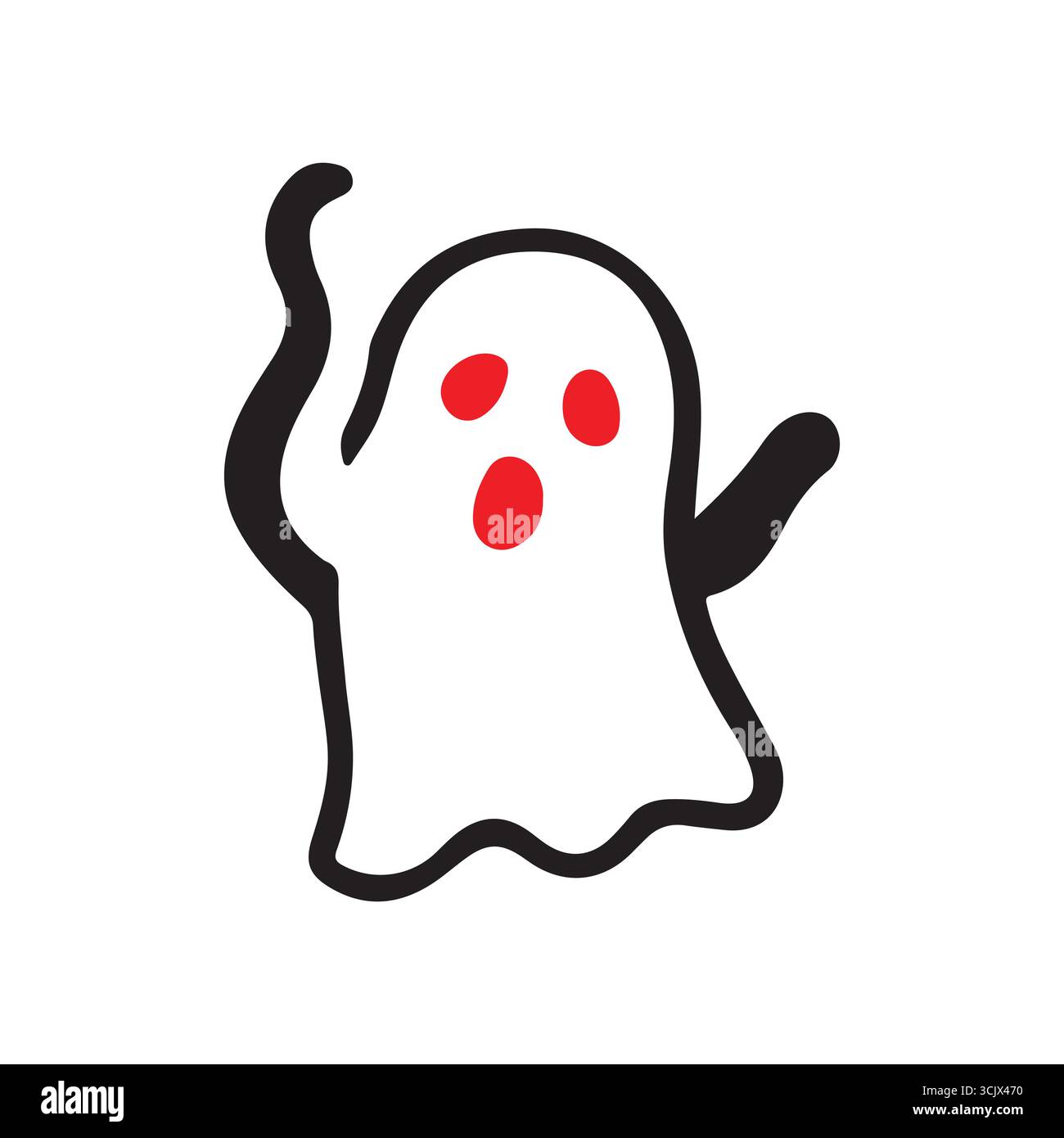 Dessin de contour noir et blanc d'un fantôme de dessin animé mignon avec un visage effrayant, parfait pour les thèmes d'Halloween, les icônes ou les dessins festifs. Illustration de Vecteur