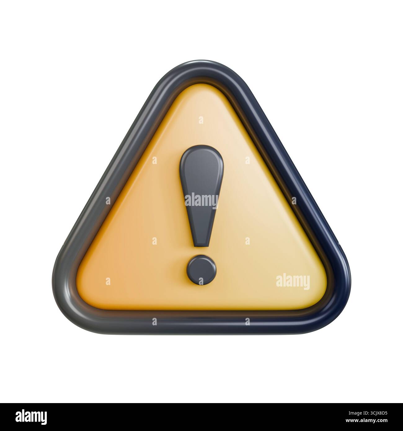 Triangle noir et jaune avec point d'exclamation noir signe de danger vue avant illustration de rendu 3D isolé sur fond blanc Banque D'Images
