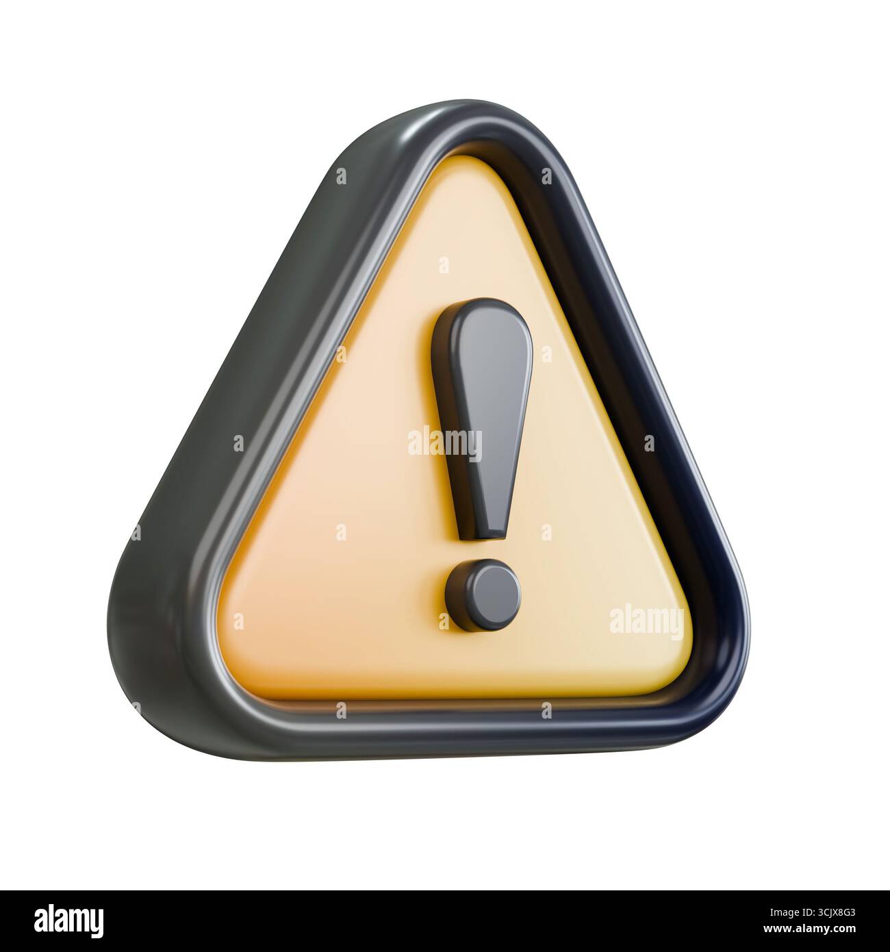 Triangle noir et jaune avec point d'exclamation noir signe de danger vue latérale 3D rendu illustration isolé sur fond blanc Banque D'Images