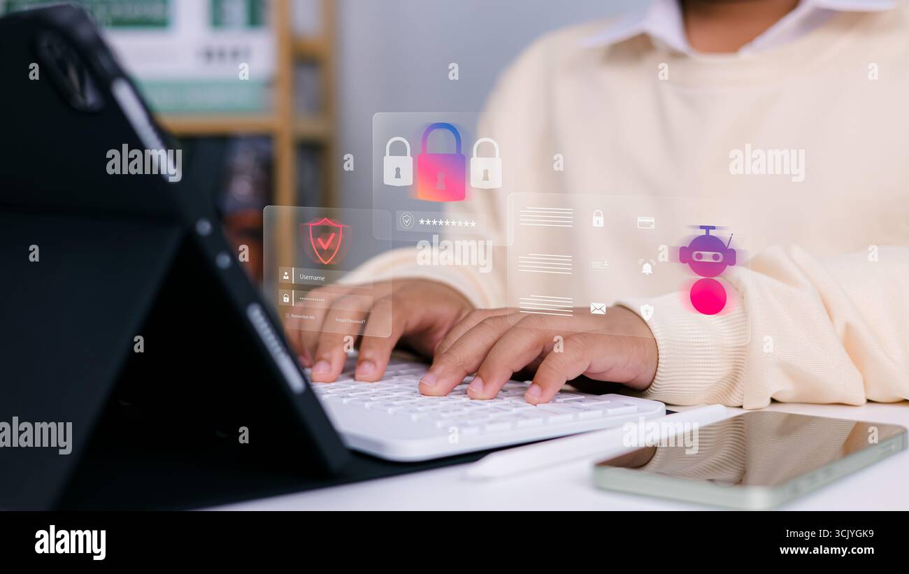 Homme d'affaires tapant sur ordinateur portable avec des icônes de cybersécurité, la protection des données et l'interface de technologie d'IA, concept de sécurité numérique, de confidentialité et en ligne Banque D'Images