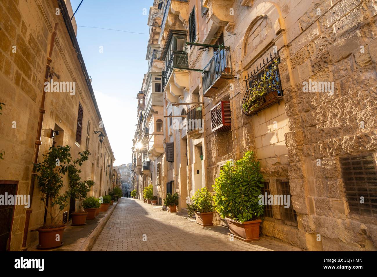 Rue avec de merveilleuses maisons historiques avec des balcons en bois colorés à la Valette, capitale de Malte Banque D'Images