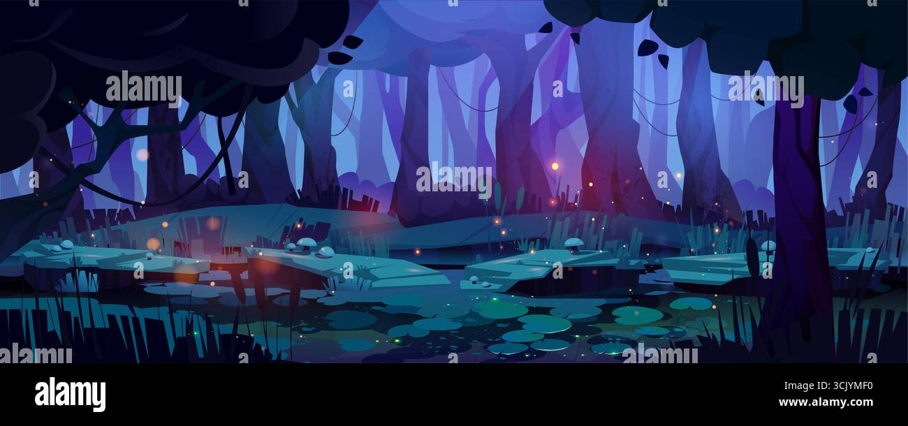 Paysage de marais de forêt mystique avec lucioles incandescentes et crépuscule violet pour fond de jeu de fantaisie. Arbres sombres, étang luminescent avec des nénuphars, lumières magiques. Scène boisée enchantée. Illustration de Vecteur
