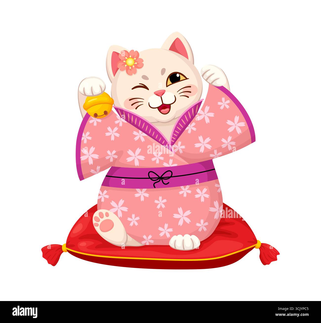 Chat chanceux japonais maneki neko pour la chance, la fortune et l'argent, personnage de dessin animé vectoriel. Maneki neko chat animal jouet jingling cloche dorée avec patte et sourire clin d'œil en costume traditionnel japonais Illustration de Vecteur