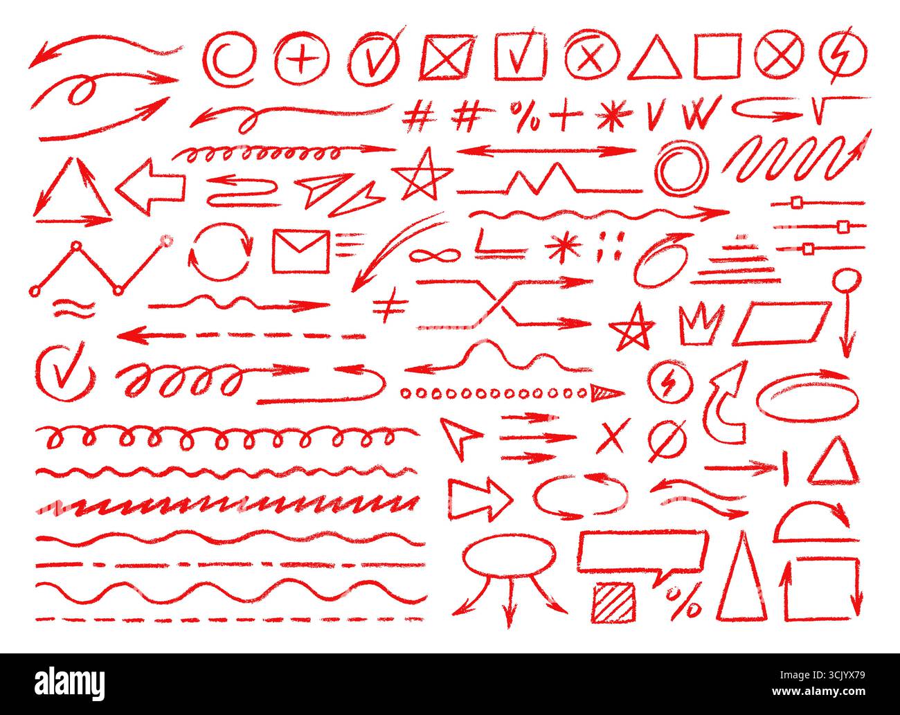Crayon crayon rouge Doodle lignes dessinées à la main de flèche et de soulignement, étoile et marques, mettre en évidence, vérifier et croiser l'ensemble de vecteurs de symboles. Croquis de marqueurs pour annotations, infographies et présentations Illustration de Vecteur