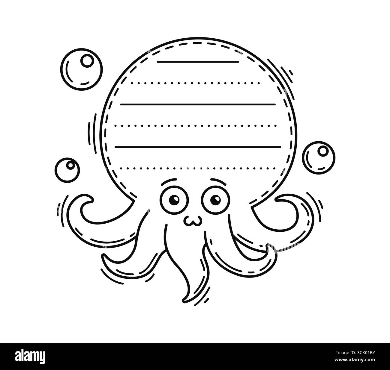 Cadre de note de mémo pour enfants avec un animal de poulpe mignon drôle avec de grands yeux et des tentacules tourbillonnants, entouré de bulles. Charmant kraken sous-marin avec tête arrondie contient un espace doublé pour écrire des messages Illustration de Vecteur